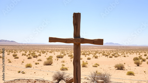 A wooden cross stands alone in a vast desert landscape. The cross is weathered and worn, and the wood is cracked and splintered.