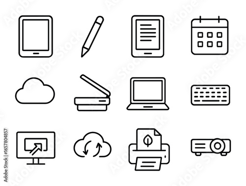 Paperless Tools Icons. Outline icon set of paperless work tools: tablet, stylus pen, e-reader, digital