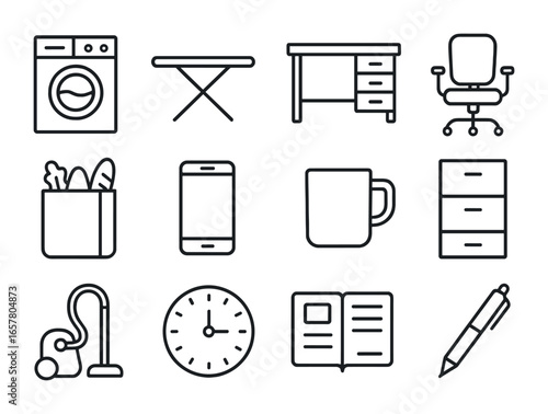 Lifestyle Management Icons. Outline icon set of managing household and career: washing machine, ironing board,