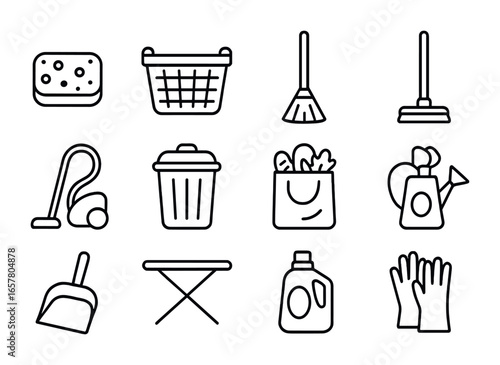 Household Chores Icons. Outline icon set of shared household duties: dish sponge, laundry basket, broom, mop,