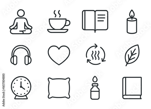 Stress Relief Icons. Outline icon set of stress management for working parents: lotus pose figure, tea cup,