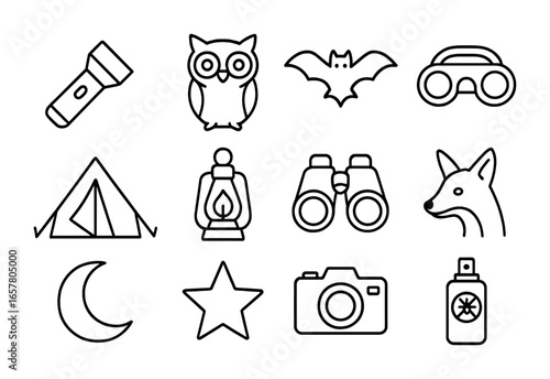 Nocturnal Tour Icons. Outline icon set of nocturnal wildlife tours: flashlight, owl, bat, night-vision goggles