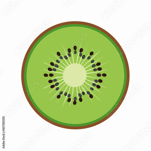 A vibrant cross-section of a kiwi fruit, showcasing its green flesh and black seeds.