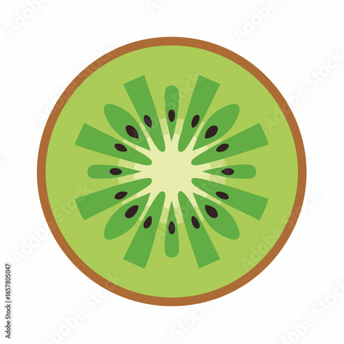 A vibrant, colorful illustration of a sliced kiwi fruit with seeds.
