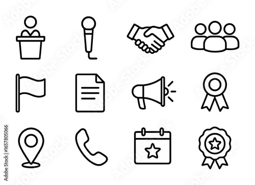 Community Leader Icons. Outline icon set of community leader role: podium, microphone, handshake, group icon,