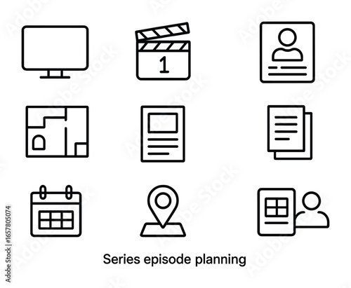Episode Planning Icons. Outline icon set of series episode planning: TV screen, numbered clapperboard,