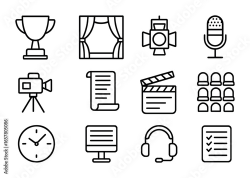 Award Show Icons. Outline icon set of award show production scheduling: trophy icon, stage curtain, spotlight,