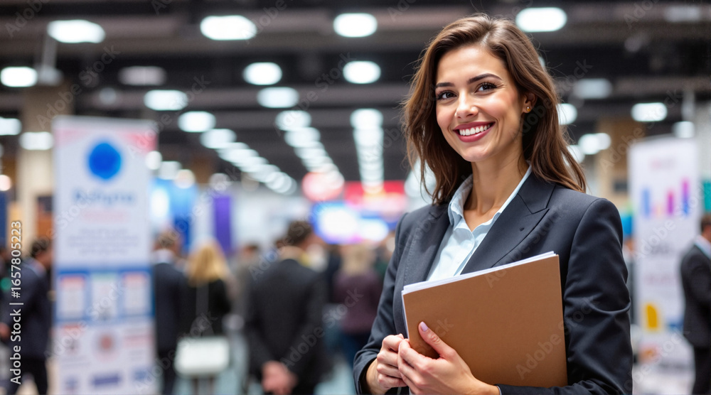 Fototapeta premium Smiling businesswoman with folder at conference