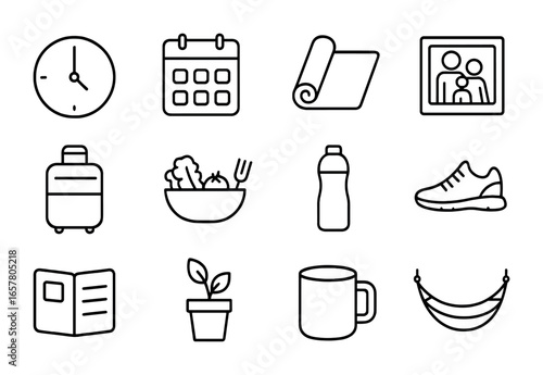Work-Life Balance Icons. Outline icon set of work-life balance: clock, calendar, yoga mat, family photo,