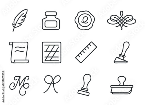 Ornate Signature Icon Set. Outline icon set of ornate signature creation: quill pen, ink bottle, wax seal,