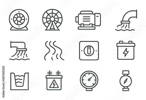 Hydropower Icon Set. Outline icon set of small-scale hydropower: micro turbine, waterwheel, generator, pipe