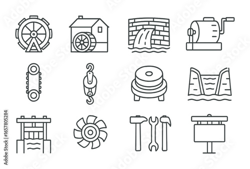 Historical Hydropower Icons. Outline icon set of historical hydropower: wooden waterwheel, mill building,