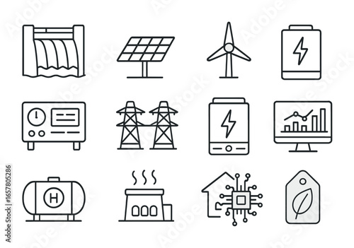 Hybrid Power Icons. Outline icon set of hybrid renewable power stations: hydro dam, solar panels, wind turbine