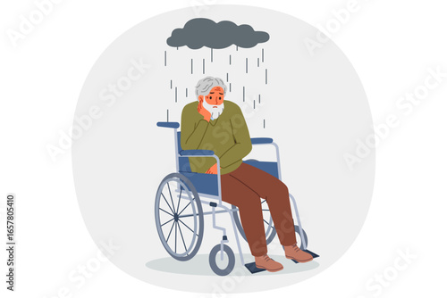 Elderly man in wheelchair suffers from loneliness and lack of access to walks, sitting under rain cloud. Human in wheelchair needs psychological support and treatment after developing leg problems