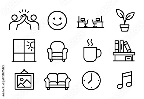 Positive Office Icons. Outline icon set of positive office environment: team high-five, smiling face, open