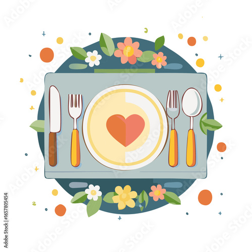Dinner place setting with heart on plate surrounded by flowers and cutlery
