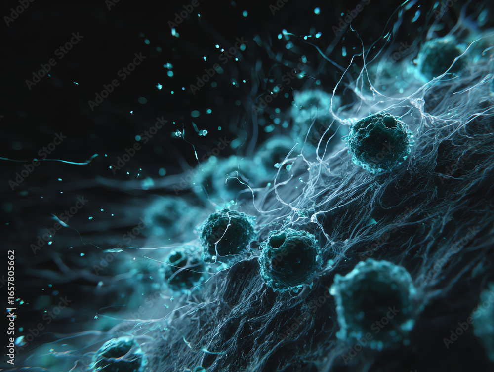 Fototapeta premium Illuminated microscopic view of cells and fibers in dark background.