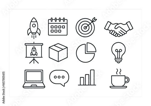 Product Launch Icons. Outline icon set of product launch meetings: rocket icon, calendar, target board,