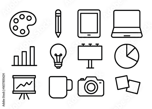 Creative Workshop Icons. Outline icon set of creative ad design workshops: paint palette, pencil, tablet,