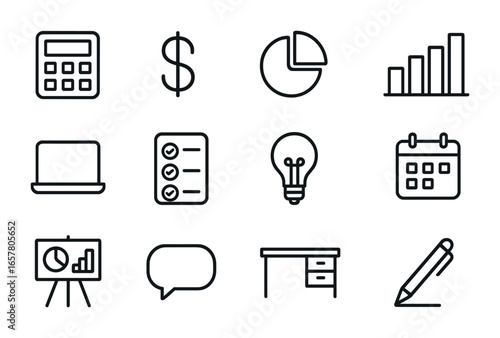 Marketing Icon Set. Outline icon set of marketing budget planning: calculator, dollar sign, pie chart, bar