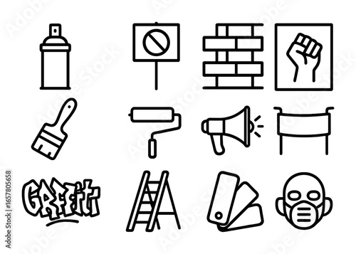 Political Art Icons. Outline icon set of political street art: spray can, protest sign, wall, stencil, brush,