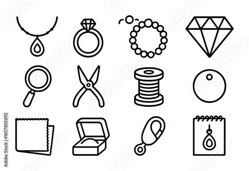 Handcrafted Jewelry Icons. Outline icon set of handcrafted jewelry commissions: necklace, ring, bracelet,