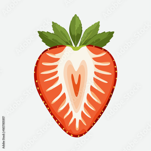 A vibrant cross-section of a ripe strawberry with green leaves on a white background.