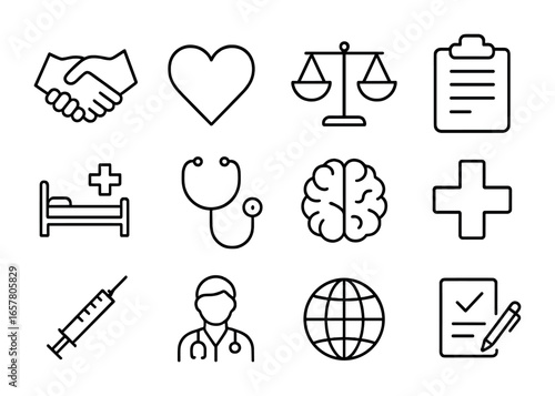 Patient Rights Icons. Outline icon set of patient rights: handshake, heart, balance scale, clipboard, hospital