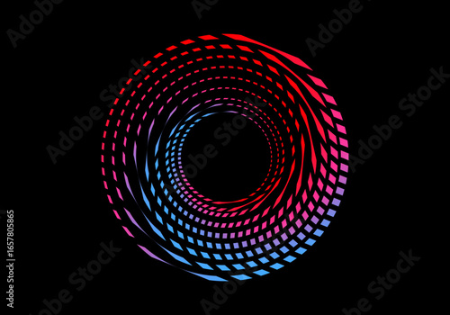 Vector background of rotating elliptical 3D shapes, consisting of a pattern of squares and wavy lines with colorful gradations.