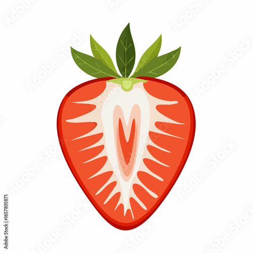 A vibrant cross-section of a ripe strawberry with green leaves on a white background.