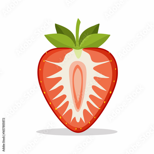 Illustration of a cut strawberry with seeds and green leaves on a white background.