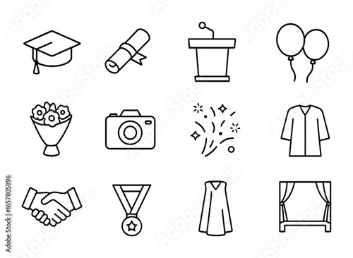 Graduation Icons Collection. Outline icon set of graduation day: graduation cap, diploma scroll, podium,