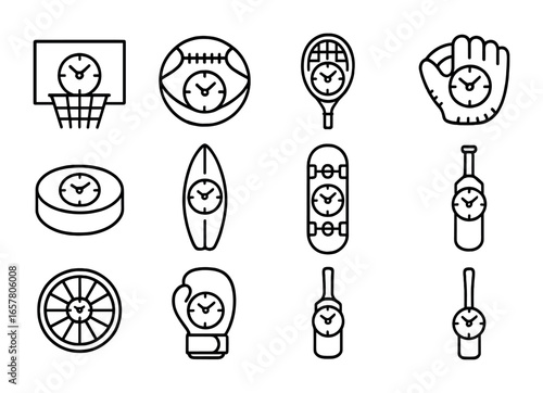 Sporty Upcycled Clocks. Outline icon set of sports-themed upcycled clocks: basketball hoop clock, football