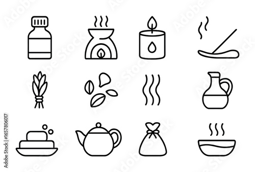 Aromatherapy Icon Set. Outline icon set of aromatherapy for mindfulness: essential oil bottle, diffuser,