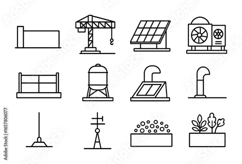 Rooftop Construction Icons. Outline icon set of rooftop construction: parapet wall, rooftop crane, solar