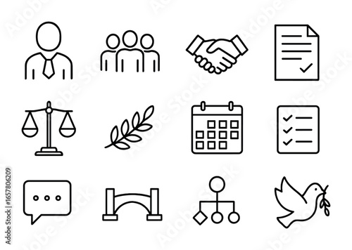 Conflict Resolution Icons. Outline icon set of leadership in conflict resolution: leader silhouette, team