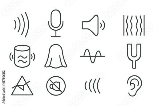 Acoustic Invisibility Icons. Outline icon set of bending sound for acoustic invisibility: sound wave,
