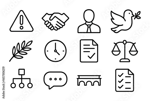 Crisis Mediation Icons. Outline icon set of crisis mediation: warning triangle, handshake, mediator, peace