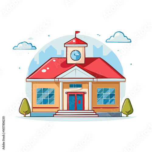 Cartoon Illustration of Educational Building with Clock Tower and Trees in Front of City Skyline