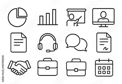 Meeting Icons Set. Outline icon set of client presentation meetings: pie chart, bar chart, presenter