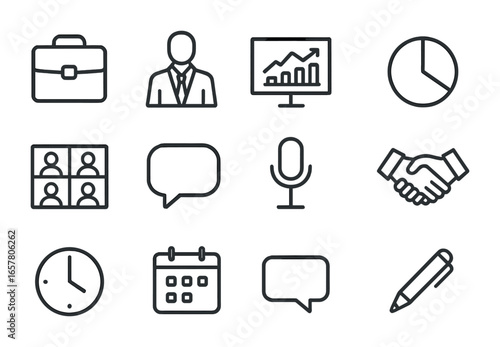 Business Icons Collection. Outline icon set of business video meeting: briefcase, suit icon, chart on screen,