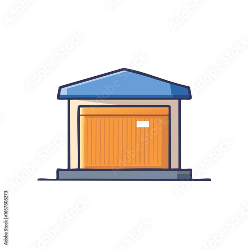 A detached garage with a blue roof and an orange door cartoon illustration