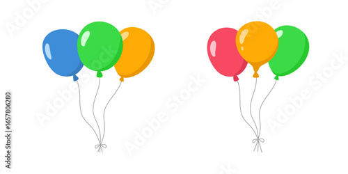 Balloons bunch  with string, decorative air-filled celebration design for party, birthday holiday flat decoration, festive symbol, event anniversary design. Isolated. Vector illustration