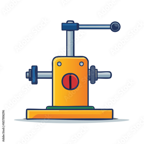 Illustration of a Yellow Industrial Press Machine with Crank Handle and Rotating Axis
