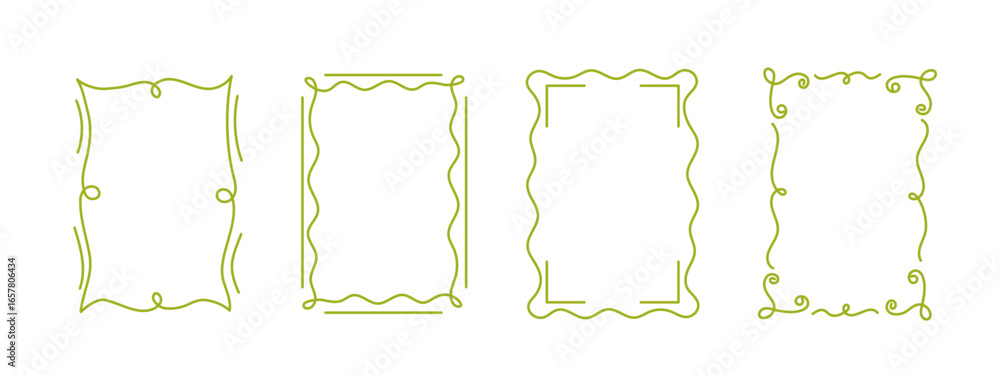 Hand-drawn wavy frames set, squiggle curly swirl ribbons cadre, trendy modern vintage edgings elements, elegant border design stamps. Isolated. Vector illustration.