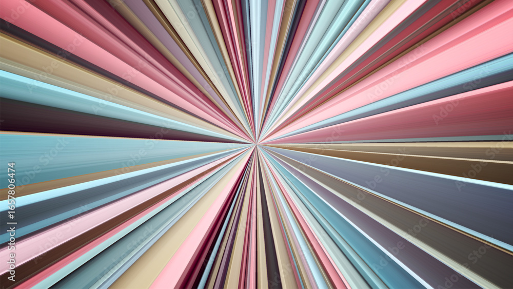 Obraz premium Vivid radial lines extend outward from center in balanced geometric pattern blending retro pastel hues with digital art aesthetics. Converging stripes or rays in soft muted tones. Vector background