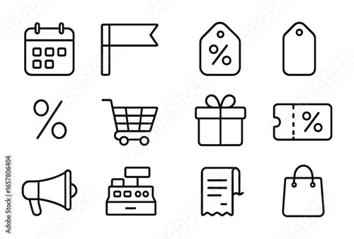 Promotional Event Icons. Outline icon set of promotional events: calendar, sale banner, discount tag, price