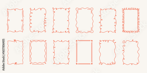 Hand-drawn wavy frames set, squiggle curly swirl ribbons cadre, trendy modern vintage edgings elements, elegant border design stamps. Isolated. Vector illustration.