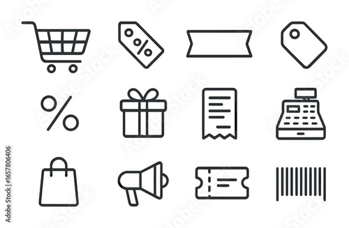 Black Friday Icons. Outline icon set of Black Friday promotions: shopping cart, discount tag, sale banner,