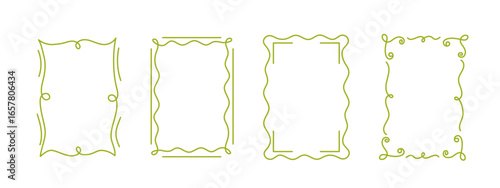 Hand-drawn wavy frames set, squiggle curly swirl ribbons cadre, trendy modern vintage edgings elements, elegant border design stamps. Isolated. Vector illustration.